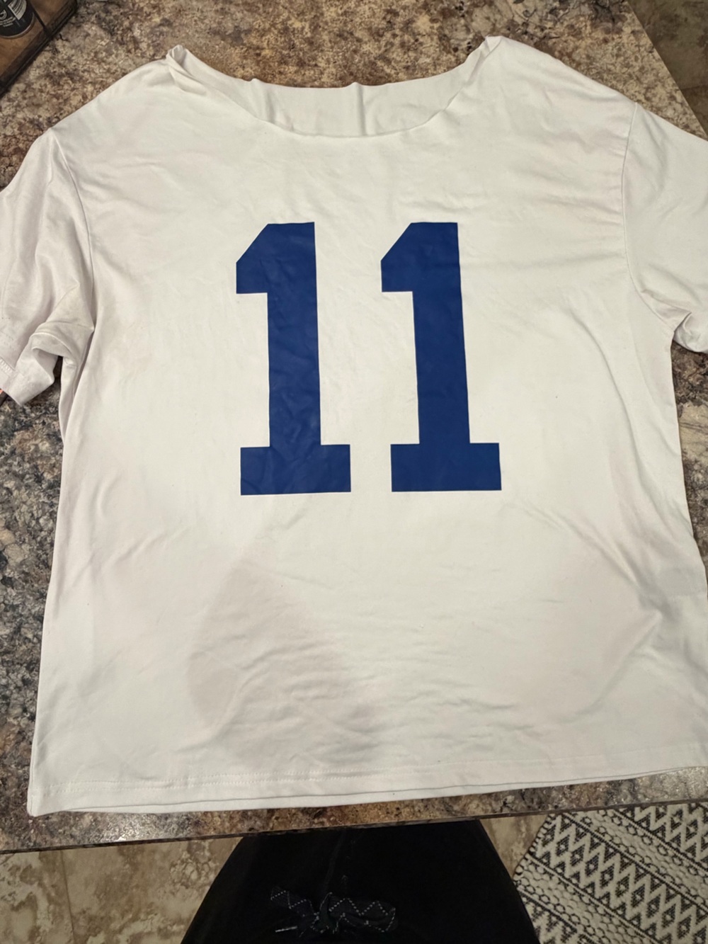 SHEIN White Short-Sleeve Tee with Blue '11' Graphic. Oversized